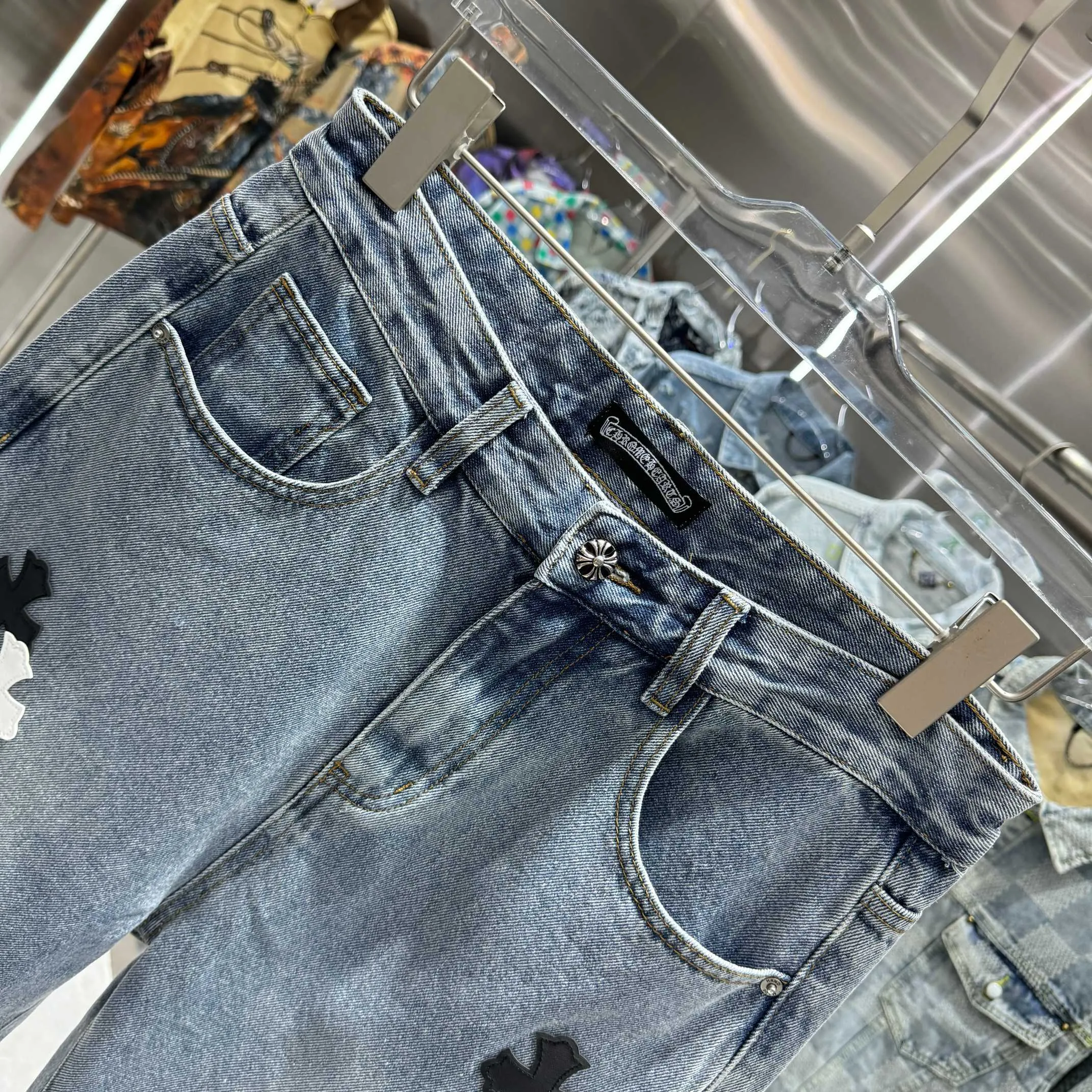 🅿️270 Crow Heart Cross Logo + Printed Horseshoe Logo Jeans 2025 latest product, original goods, washed casual jeans, imported original washed stretch fabric, comfortable and elastic, original hardware accessories decorated with logo, super correct version, extremely high grade, counter quality, fashionable and stylish upper body. The printing uses imported white foam printing, custom buttons, YKK zippers. The full set of accessories is customized in a one-to-one mold. Color: blue Size: S-XXL 28 30 32 34 36 codes
